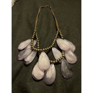 Purple Swirl Large Tear Drop Faceted Crystals Bronze Beads Brown Suede Necklace
